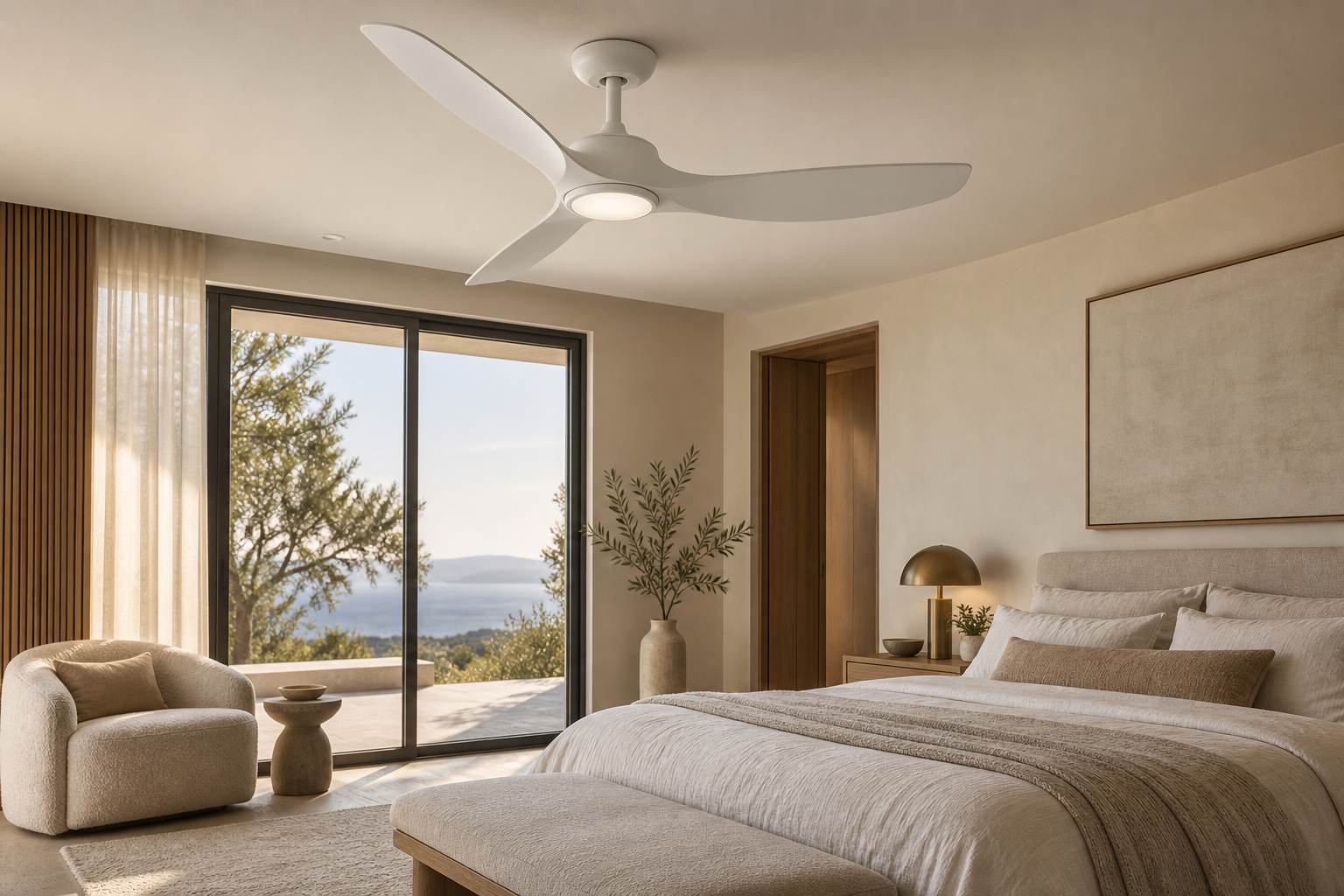 Matte-white designer ceiling fan in a luxury bedroom