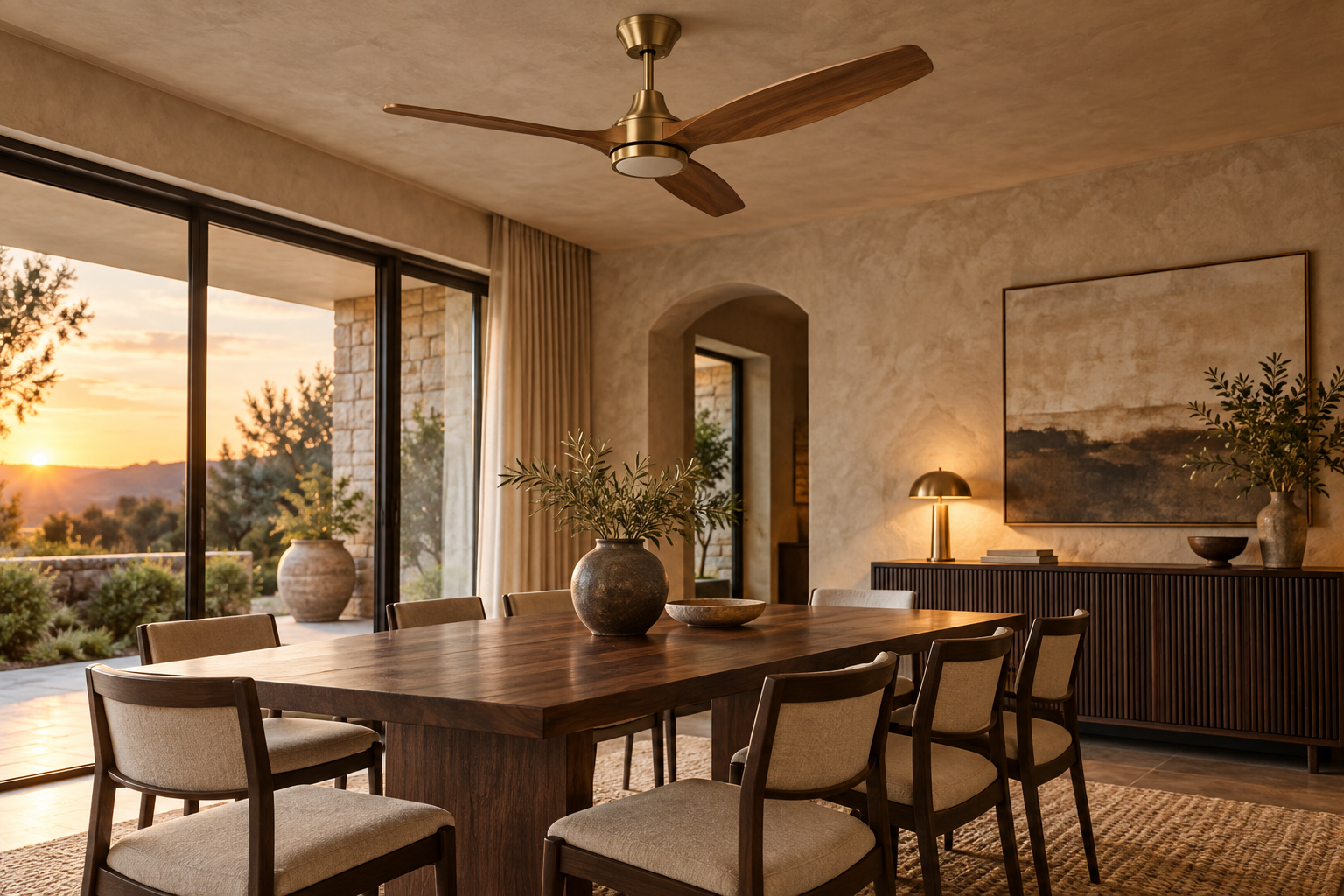 Brushed-brass designer ceiling fan above a dining table