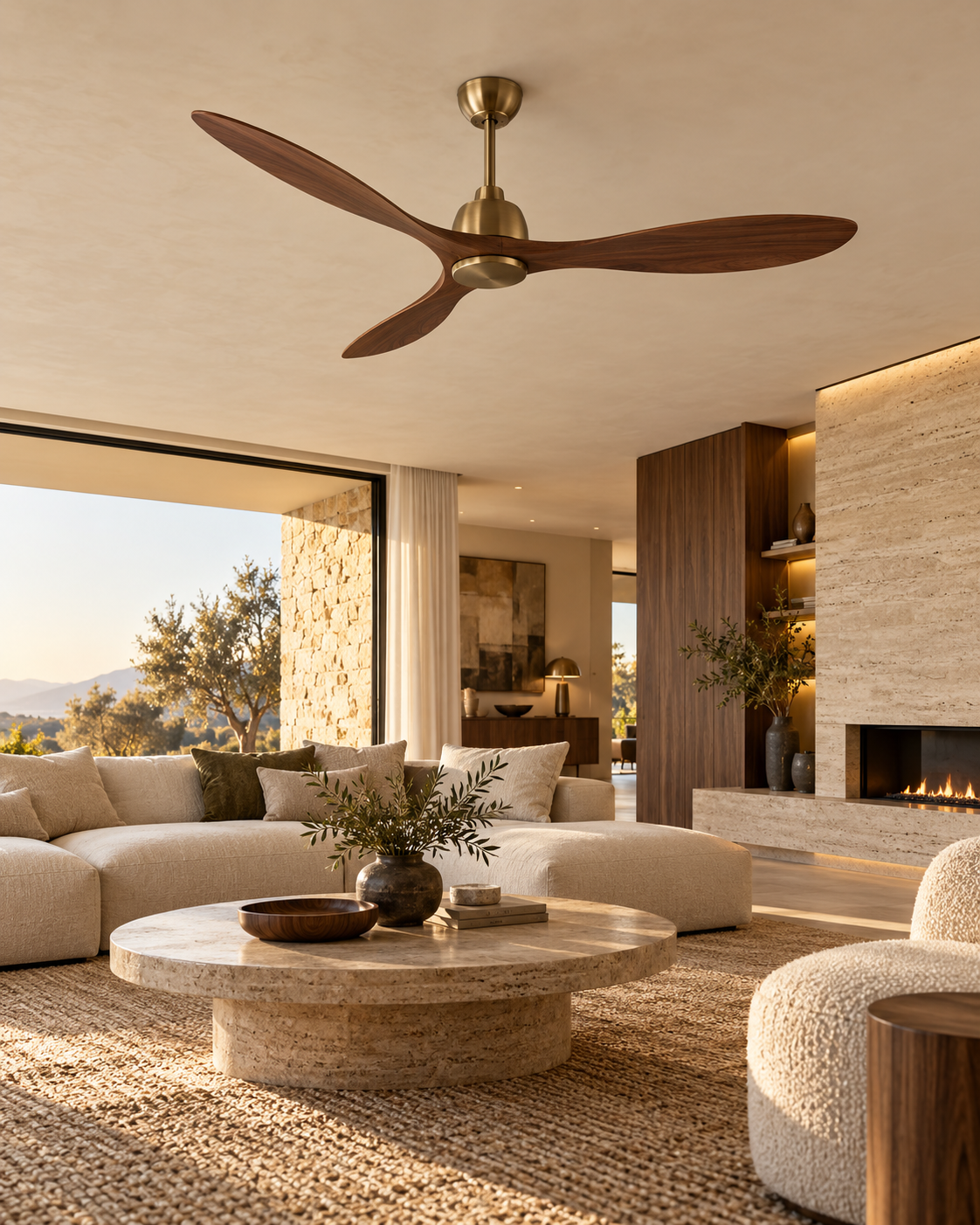 Walnut and antique-brass designer fan fully visible in a warm luxury living room