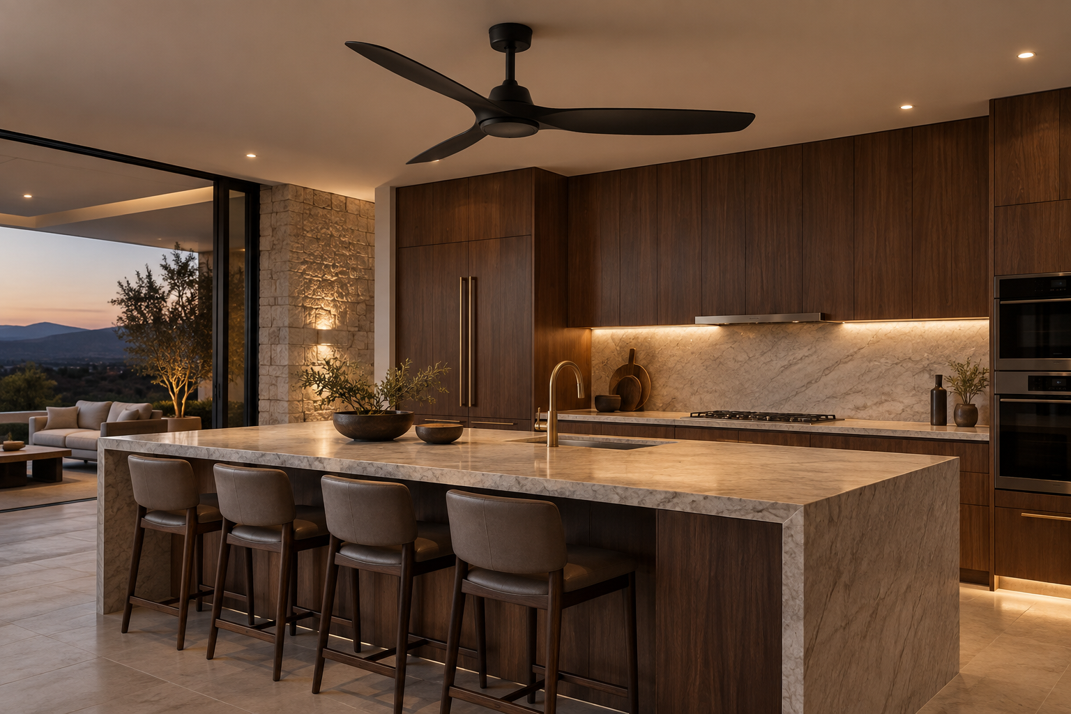 Matte-black designer ceiling fan above a kitchen island