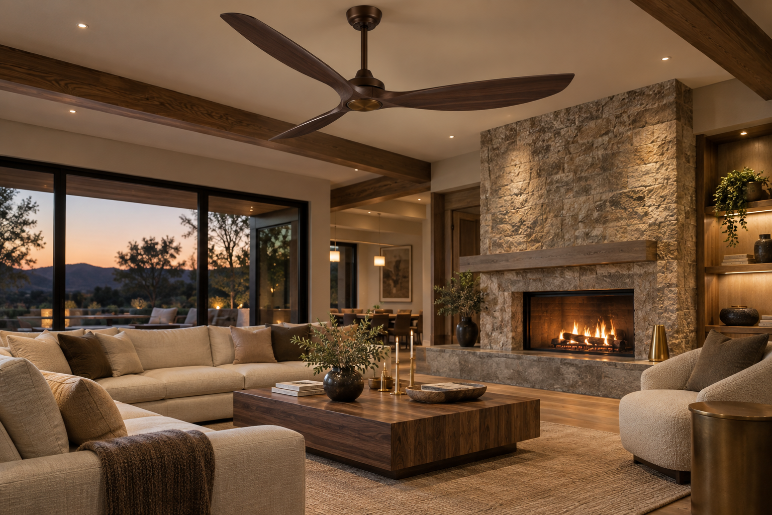 Walnut designer ceiling fan in a luxury living room