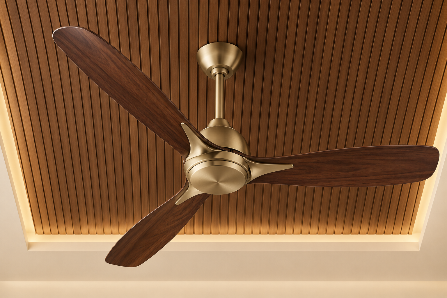 Teak and champagne-bronze designer ceiling fan