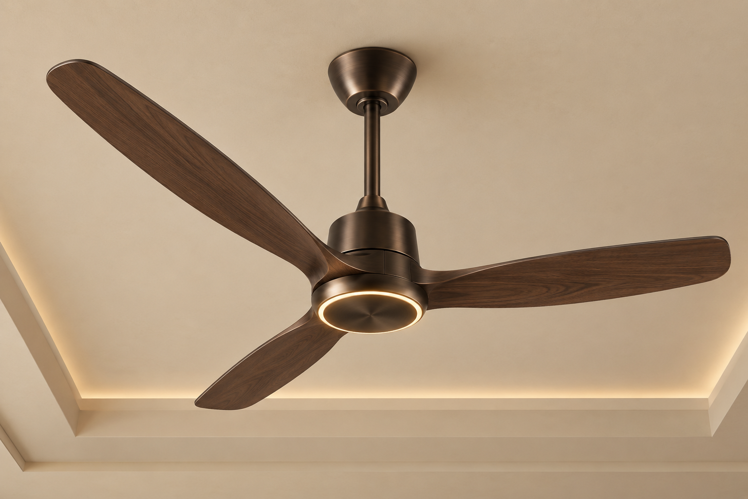 Dark-bronze fan with smoked-oak blades and integrated LED light