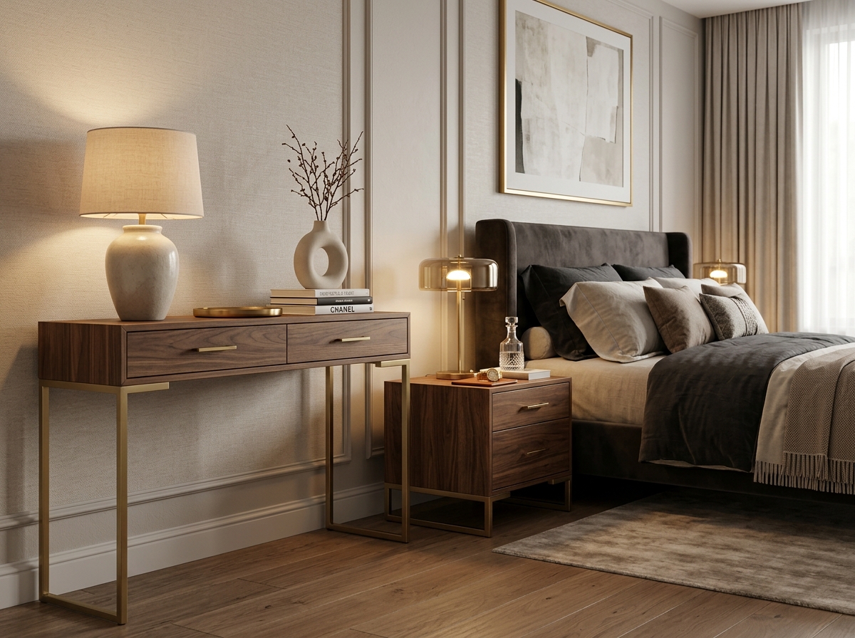 Premium bedside console styled in a warm bedroom interior