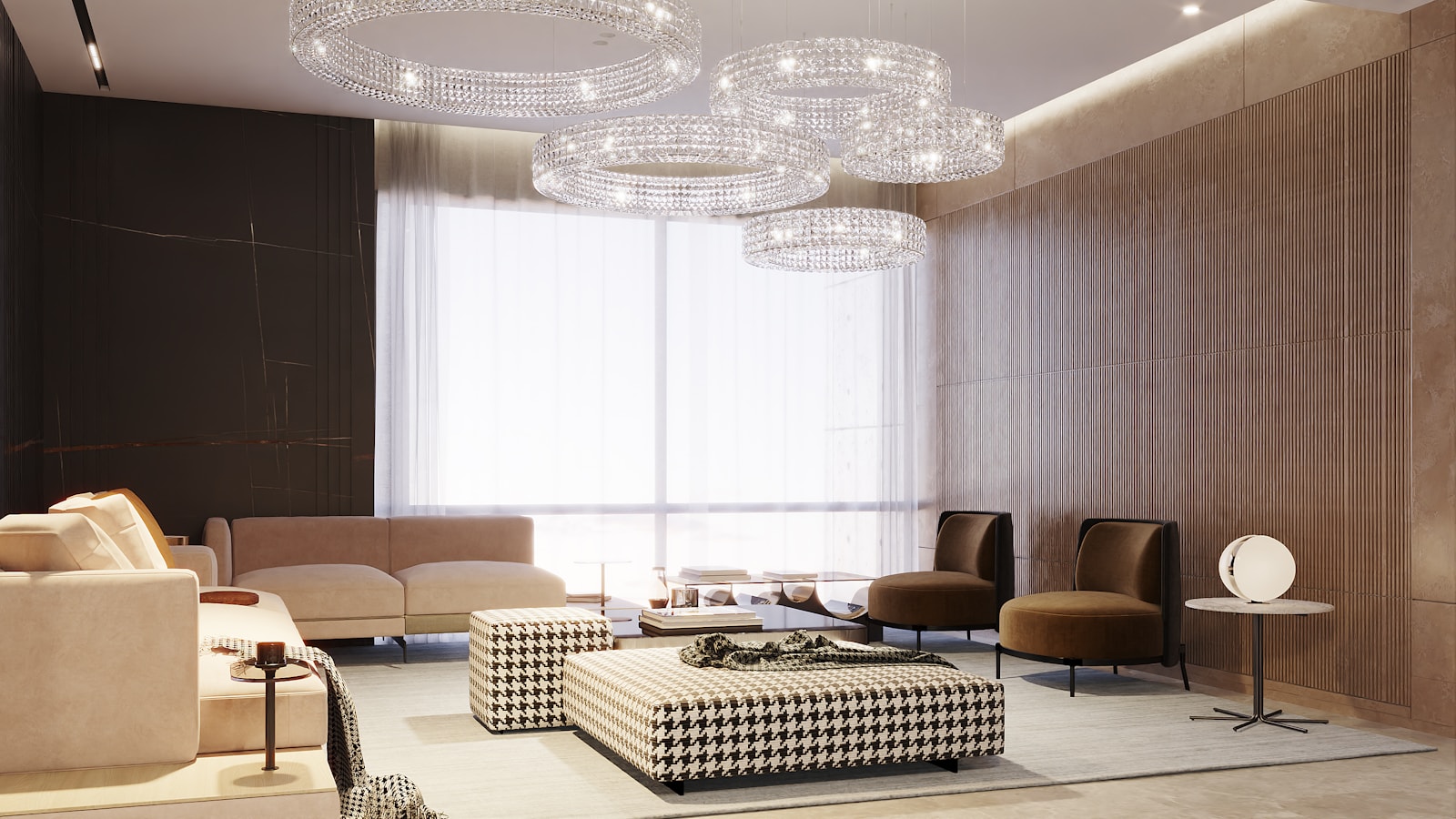Modern lounge with crystal chandeliers