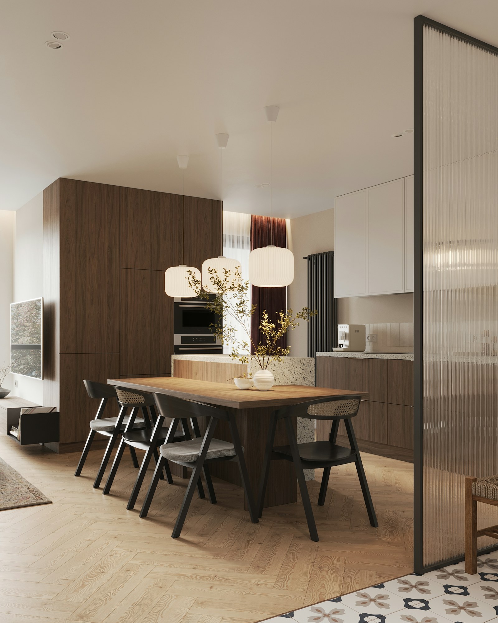 Warm dining interior with pendant lighting