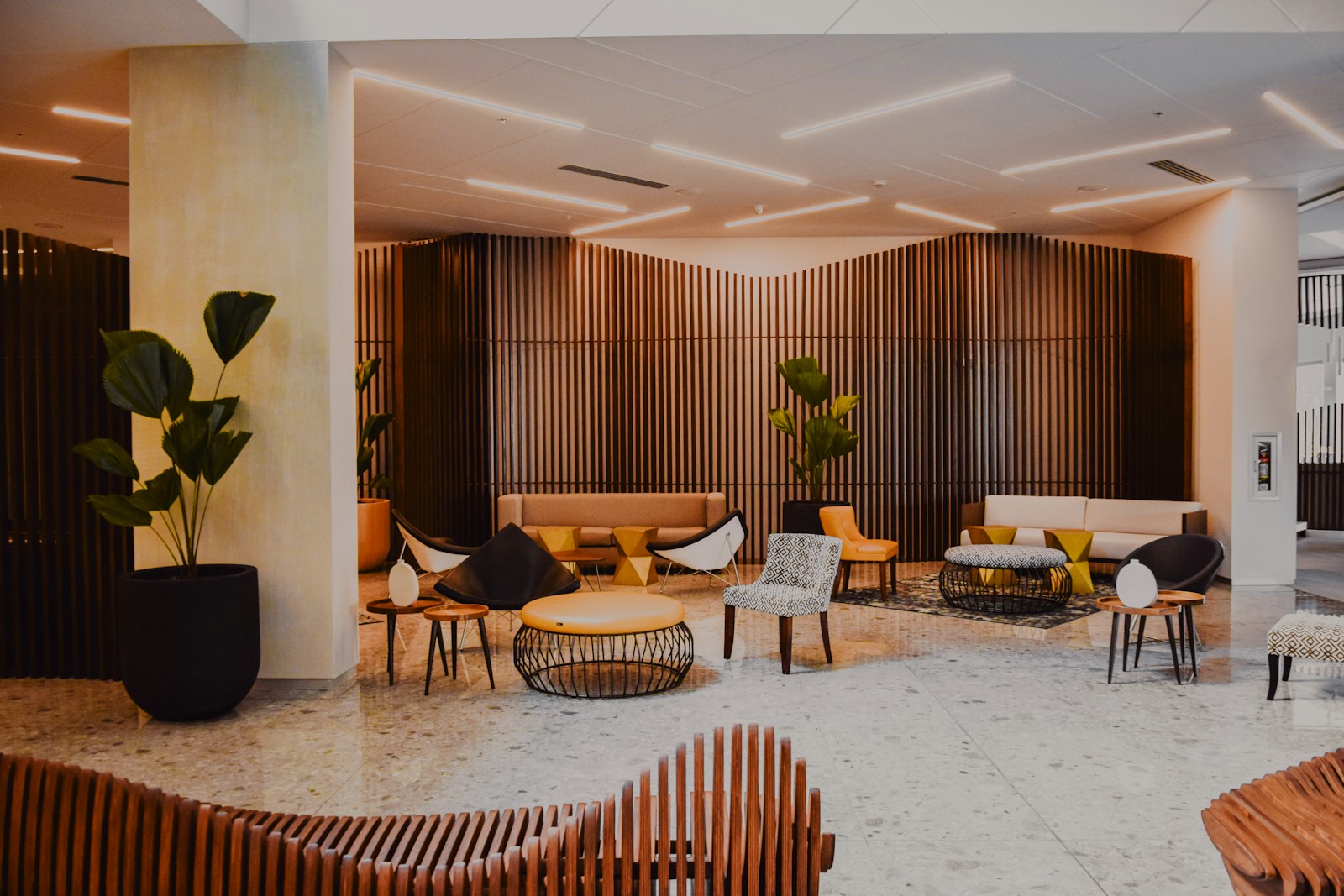 Modern hotel lobby with designer furniture