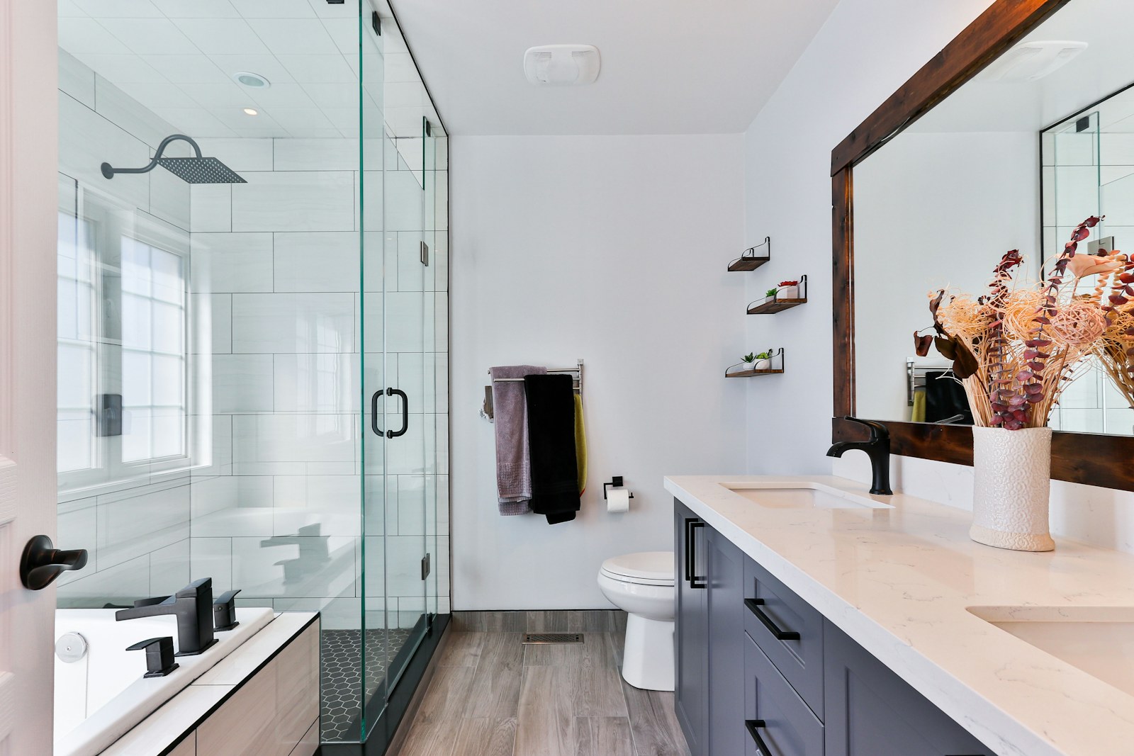 Modern bathroom with shower and vanity