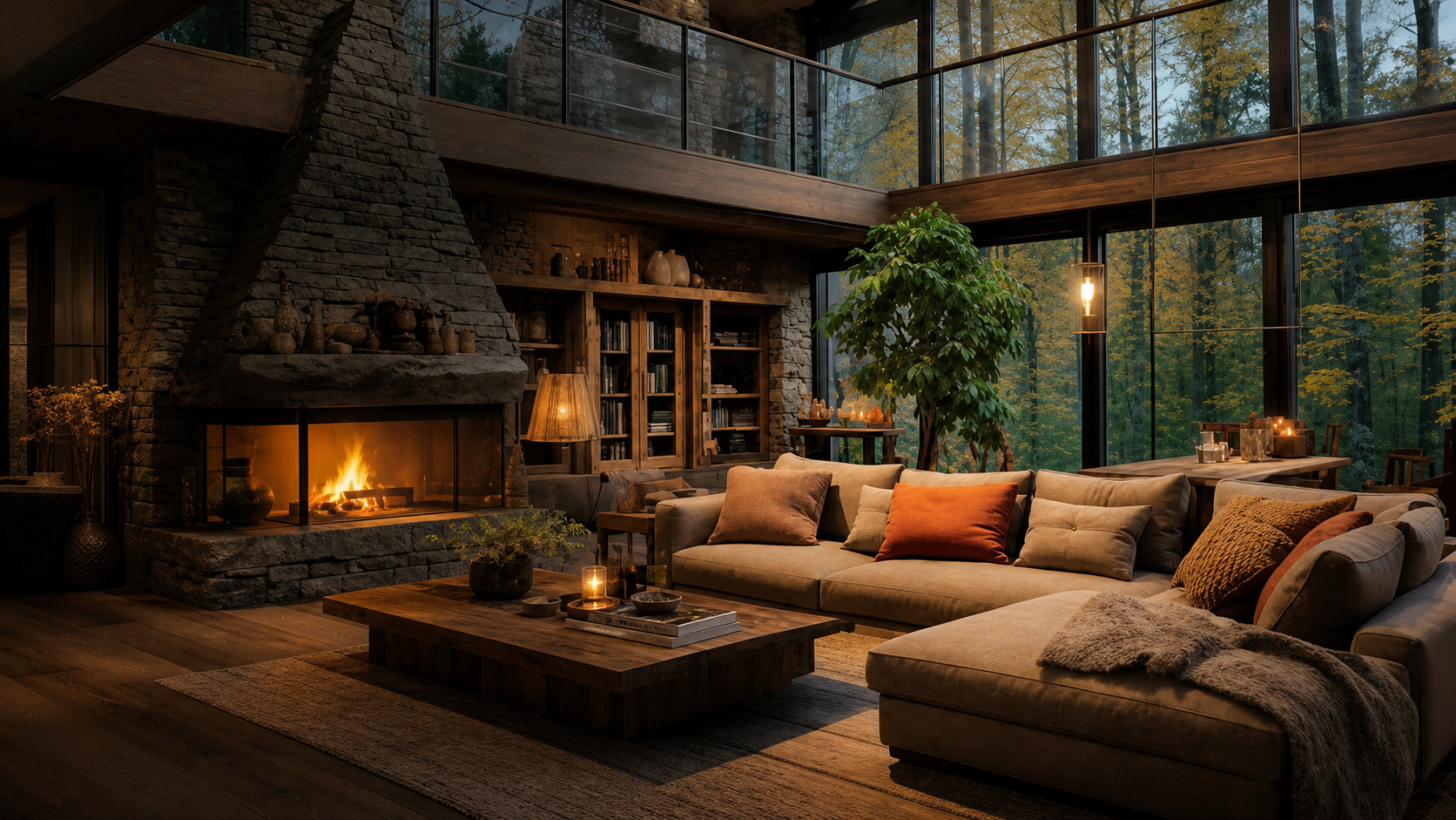 Luxury living room with stone fireplace and glass windows