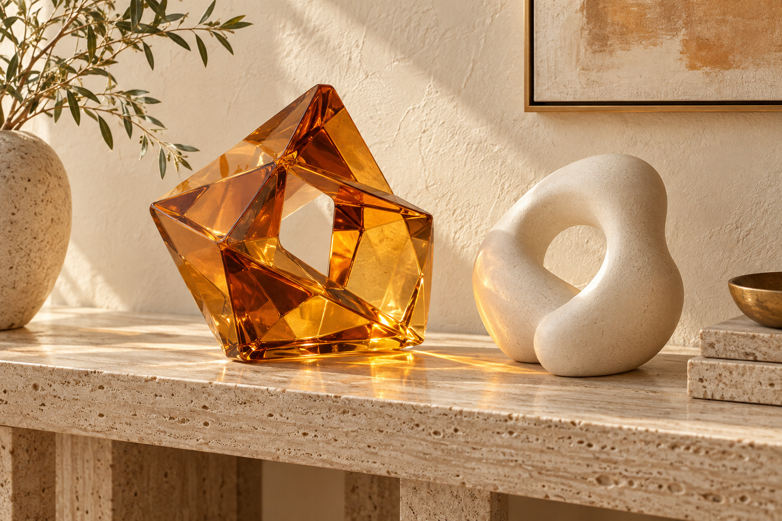 Amber glass and ivory abstract sculpture