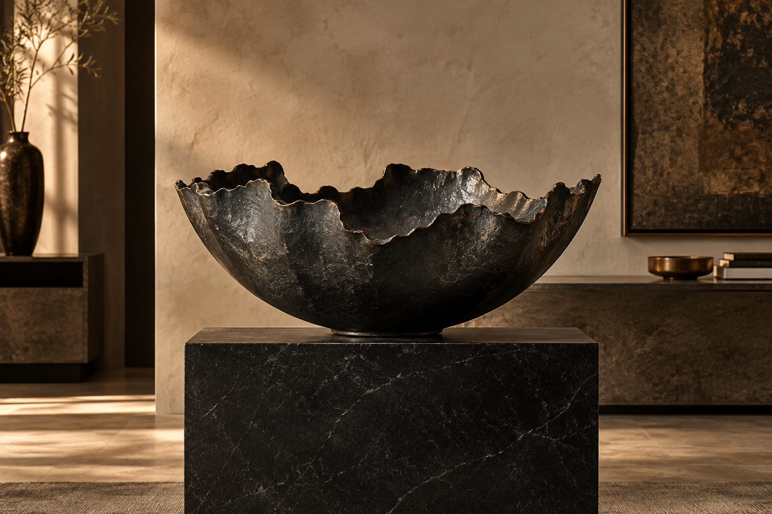 Textured black metal bowl sculpture