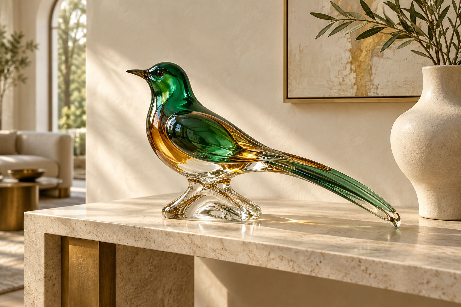 Emerald and amber glass bird sculpture