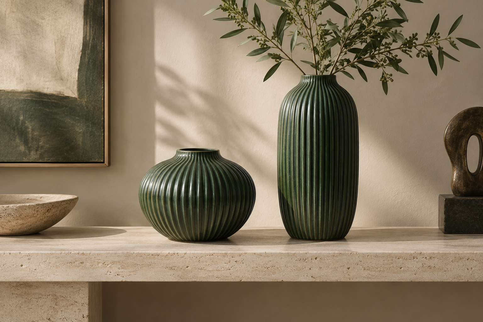 Ribbed forest-green ceramic vases