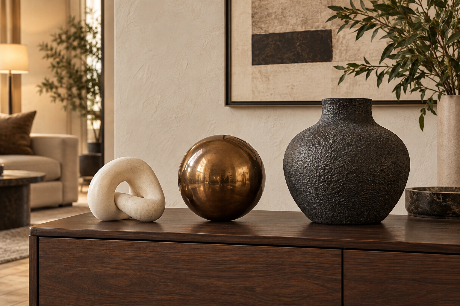 Ivory bronze and charcoal sculptural arrangement
