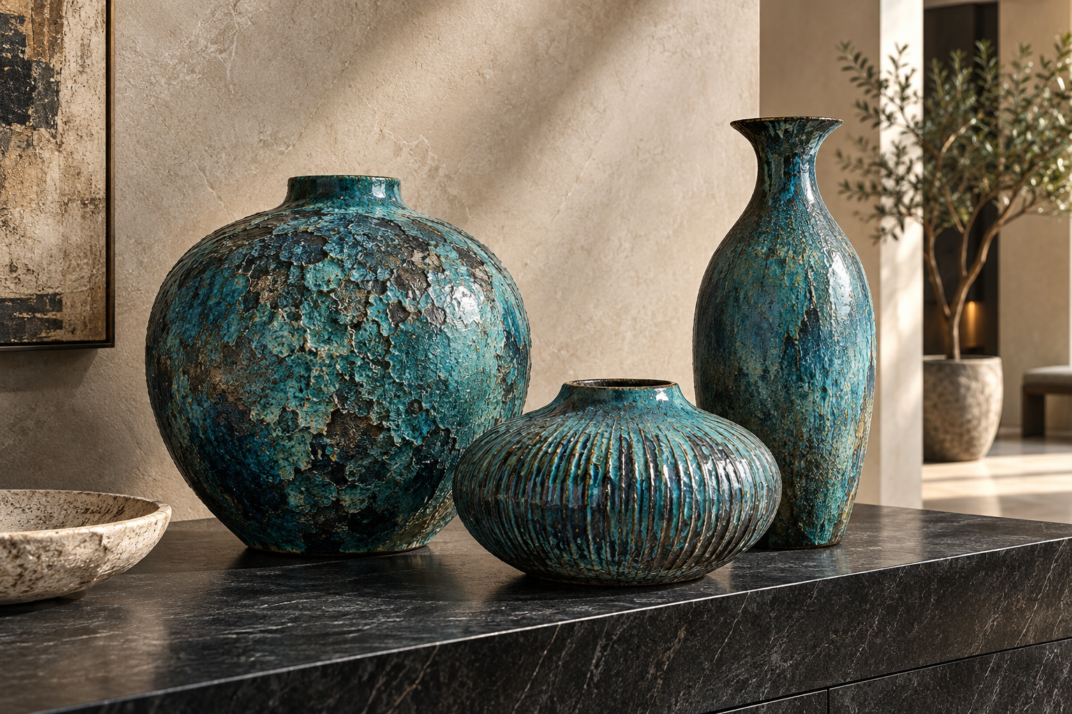 Textured turquoise ceramic vessels
